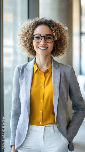 A confident and smiling woman in her late thirties, wearing glasses with dark curly hair

