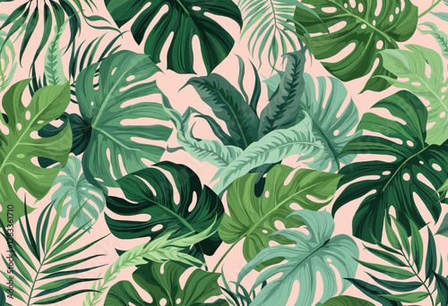 various tropical leaves, predominantly palm leaves, arranged in a visually appealing and vibrant design.