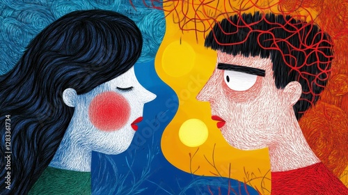 Stylized Portrait of a Man and Woman Contrasting Emotions in Blue and Orange Hues