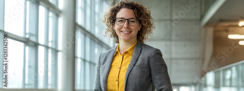 A confident and smiling woman in her late thirties, wearing glasses with dark curly hair
