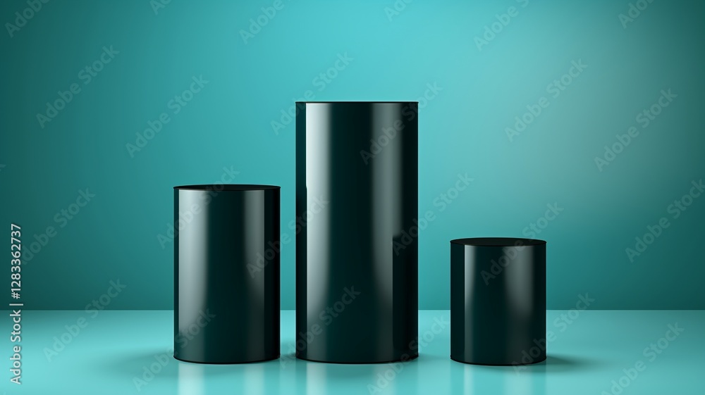 Three sleek black cylinders stand elegantly against a tranquil teal backdrop, a minimalist display of refined sophistication and subtle contrast. Three sleek black cylinders stand elegantly against a tranquil teal backdrop, a minimalist display of refined sophistication and subtle contrast.