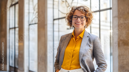 A confident and smiling woman in her late thirties, wearing glasses with dark curly hair
