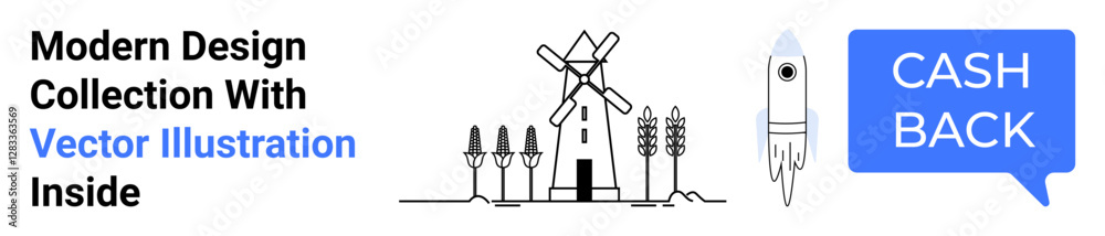 Windmill with trees and wheat, rocket, and blue Cash Back speech bubble. Ideal for technology, business, financial services, eco-friendly themes, innovation agriculture marketing. Perfect for flat Windmill with trees and wheat, rocket, and blue Cash Back speech bubble. Ideal for technology, business, financial services, eco-friendly themes, innovation agriculture marketing. Perfect for flat