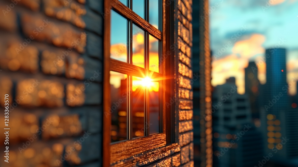 Fototapeta premium Brick Building Window Reflecting Vibrant Sunset Over Blurred City Skyline