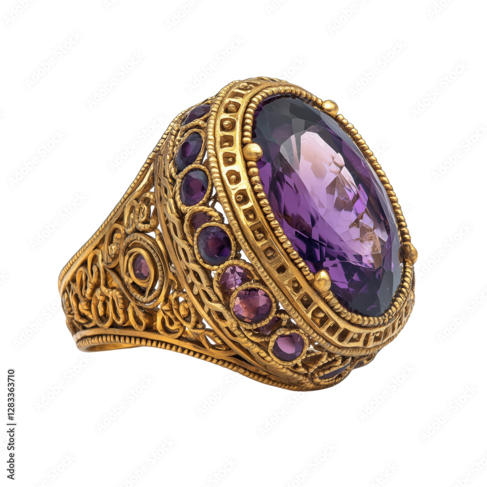 Obraz premium Elegant gold filigree ring with a stunning amethyst gemstone. Perfect for luxury jewelry collections, vintage-inspired fashion, or royal aesthetics.