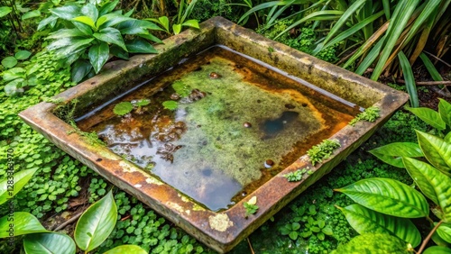 Old ceramic tray filled with murky stagnant water and algae, surrounded by lush green plants , stillness, decay