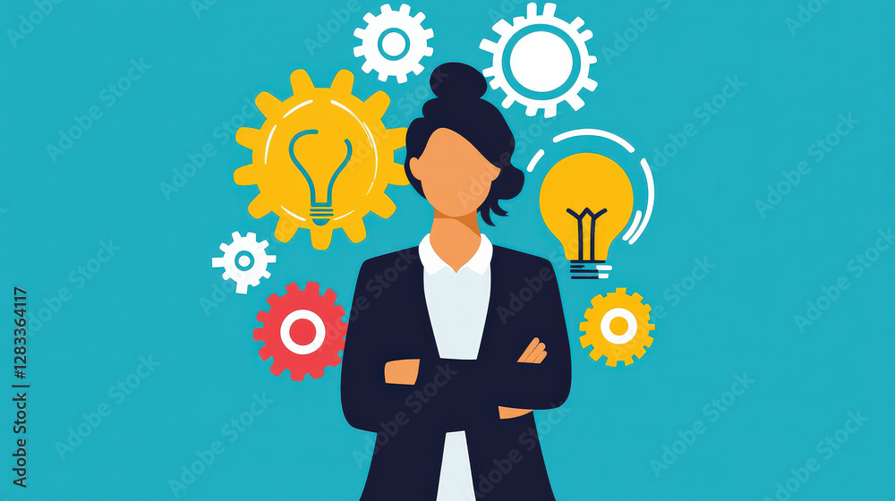 A confident woman stands with crossed arms, surrounded by gears and light bulbs, symbolizing innovation and problem-solving in a bright environment. A confident woman stands with crossed arms, surrounded by gears and light bulbs, symbolizing innovation and problem-solving in a bright environment.