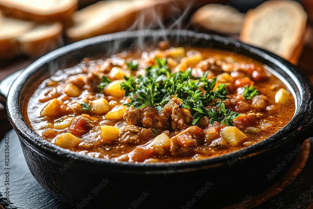 Hearty beef tripe soup seasoned with spices and served with rustic bread Hearty beef tripe soup seasoned with spices and served with rustic bread