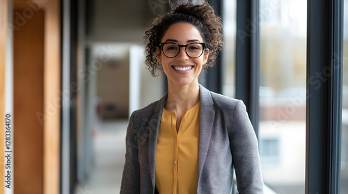 A confident and smiling woman in her late thirties, wearing glasses with dark curly hair
