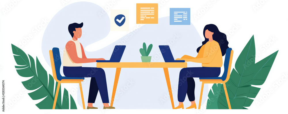 Two people collaborate at a table with laptops, surrounded by plants and documents, symbolizing teamwork and productivity. Two people collaborate at a table with laptops, surrounded by plants and documents, symbolizing teamwork and productivity.
