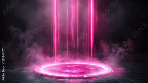 3d tech hologram podium or light portal platform. Pink neon game stage. Hud futuristic teleport with fantasy glow effect. Cyber casino design with smoke and round base element to display product