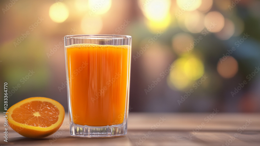 A glass of orange juice is on a table with an orange slice next to it A glass of orange juice is on a table with an orange slice next to it