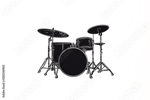  Cartoon sketch drawing of a drum set in black silhouette, isolated on a white background, Isolated drum illustration, Clipart for drum kits 