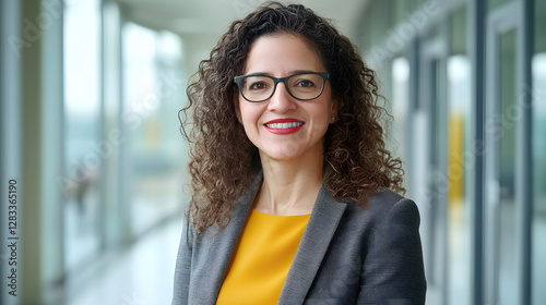 A confident and smiling woman in her late thirties, wearing glasses with dark curly hair
