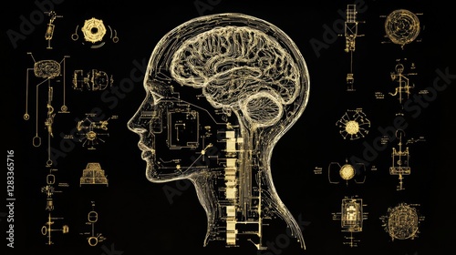 Human head outline filled with schematic representations of artificial intelligence mechanisms and concepts. Generative AI