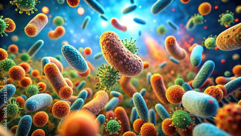 Naklejka premium Microscopic world, bacteria feeding on food particles, tiny details, food particles, science, food particles, science