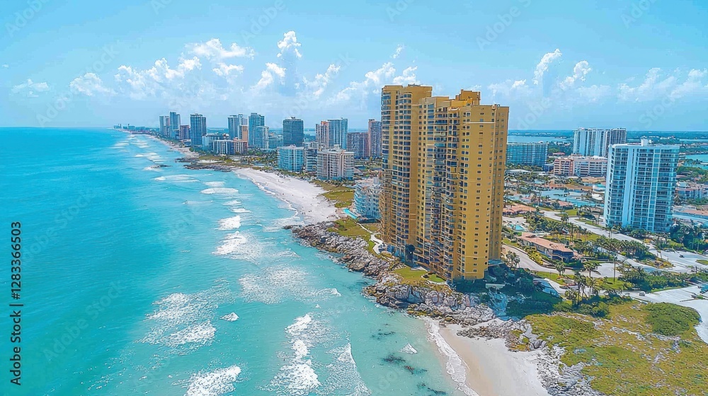 Naklejka premium Aerial view of coastal high-rise buildings, ocean, beach, and shoreline.