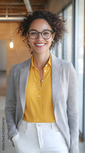 A confident and smiling woman in her late thirties, wearing glasses with dark curly hair
