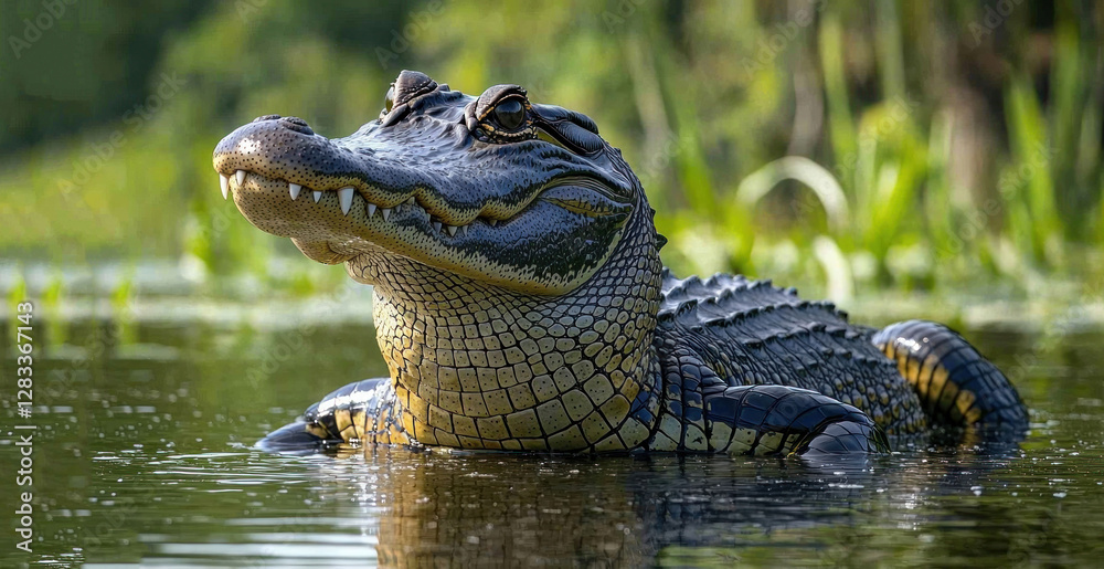 Fototapeta premium American alligator partially submerged in swamp water, looking upward.