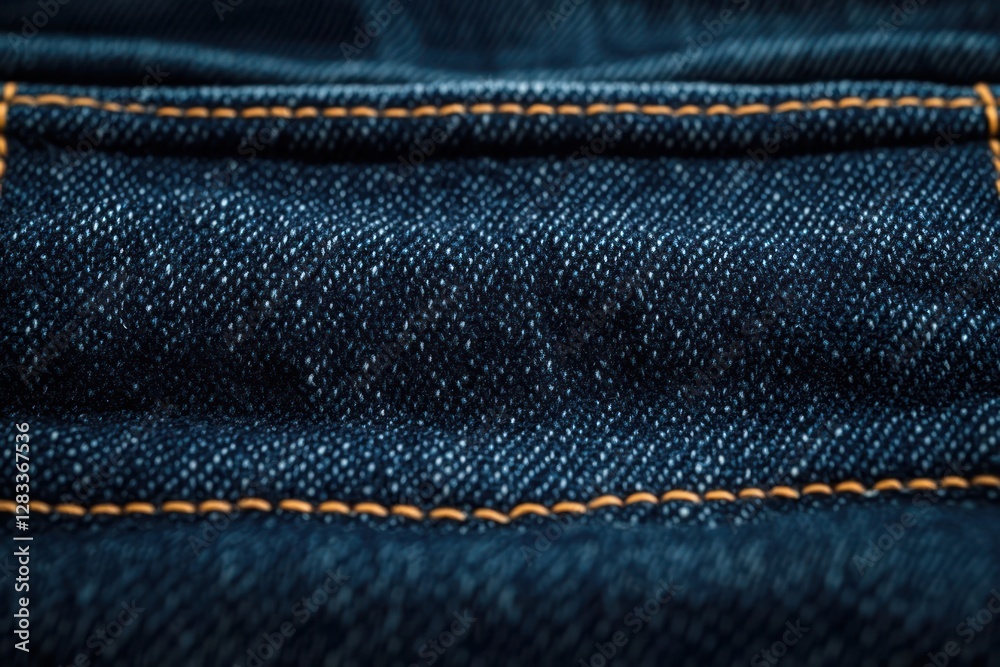 Dark Denim Fabric Close-Up with Intricate Stitching and Texture Dark Denim Fabric Close-Up with Intricate Stitching and Texture