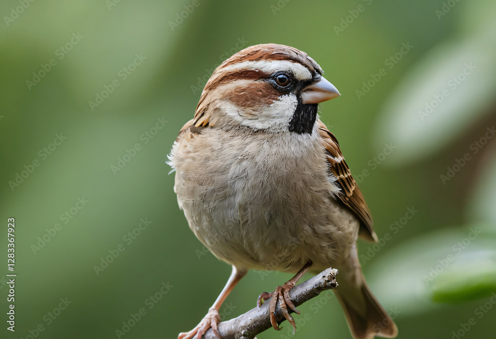 Naklejka premium Sparrow on a tree branch with green background