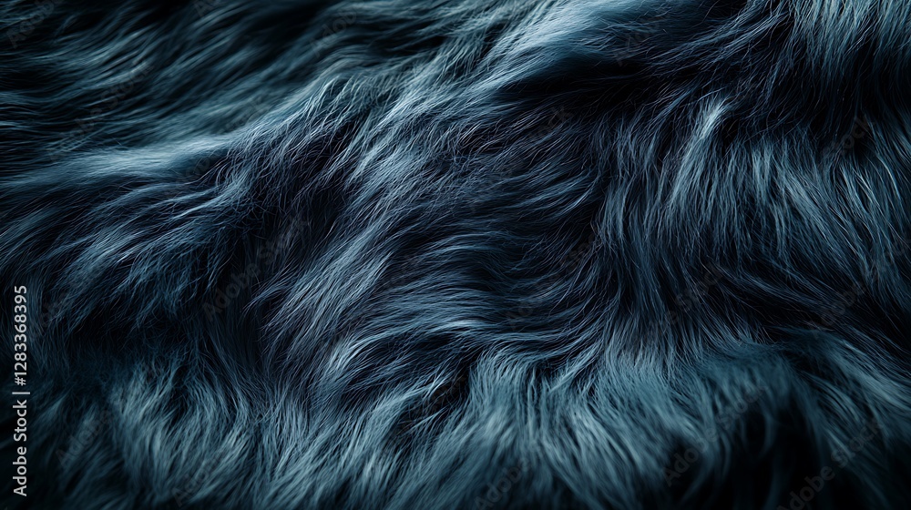 Fototapeta premium A close-up of plush fur transitioning from vibrant teal to charcoal black, arranged in soft, flowing curls, visible fine strands glowing under diffused light,