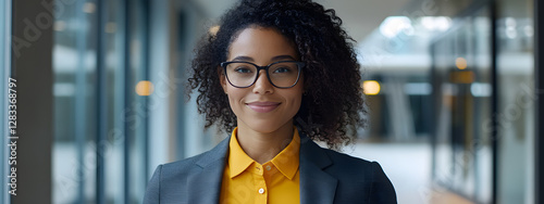 A confident and smiling woman in her late thirties, wearing glasses with dark curly hair
