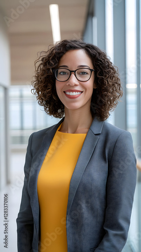 A confident and smiling woman in her late thirties, wearing glasses with dark curly hair
