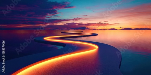 Long, curvy path is lit up with orange lights