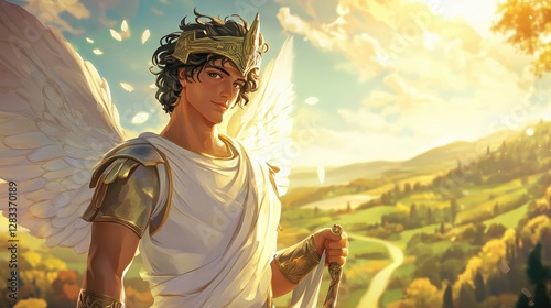 A professional photo of Hermes, the Greek god of travel and communication, waist-up portrait