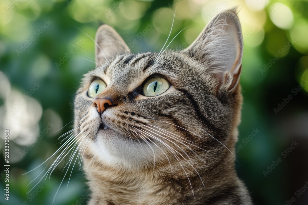 Curious tabby cat looking up at bright green foliage during a sunny afternoon. Generative AI Curious tabby cat looking up at bright green foliage during a sunny afternoon. Generative AI