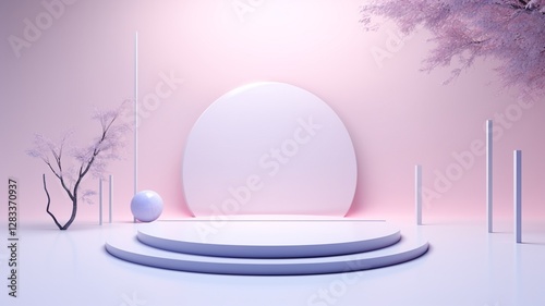 Serene pastel dreamscape showcasing a minimalist stage bathed in soft pink light, adorned with delicate lilac branches and a smooth white orb, creating a tranquil and elegant atmosphere.