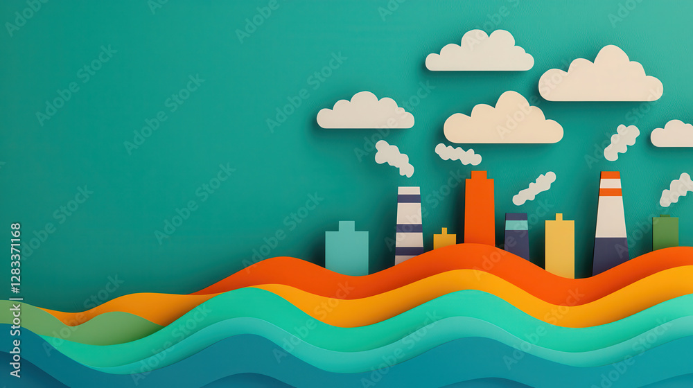 Naklejka premium Colorful city skyline with factories and clouds on teal background