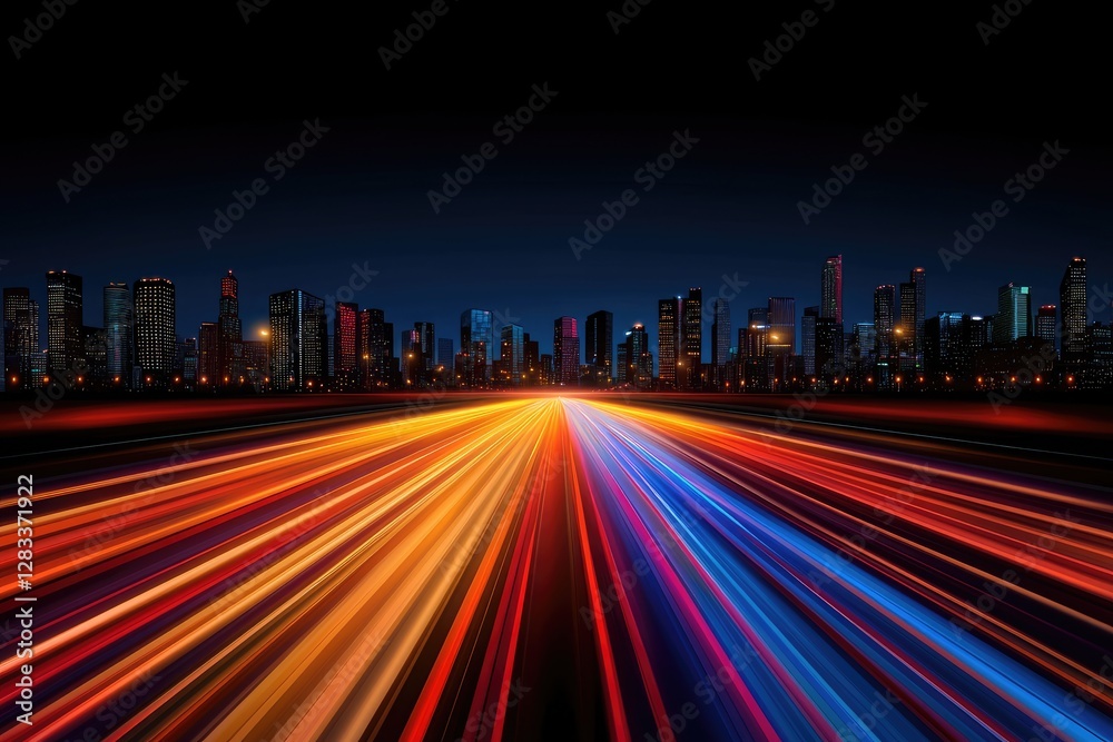Fototapeta premium A vibrant cityscape at night with streaks of colorful light representing fast-moving traffic against a dark skyline.