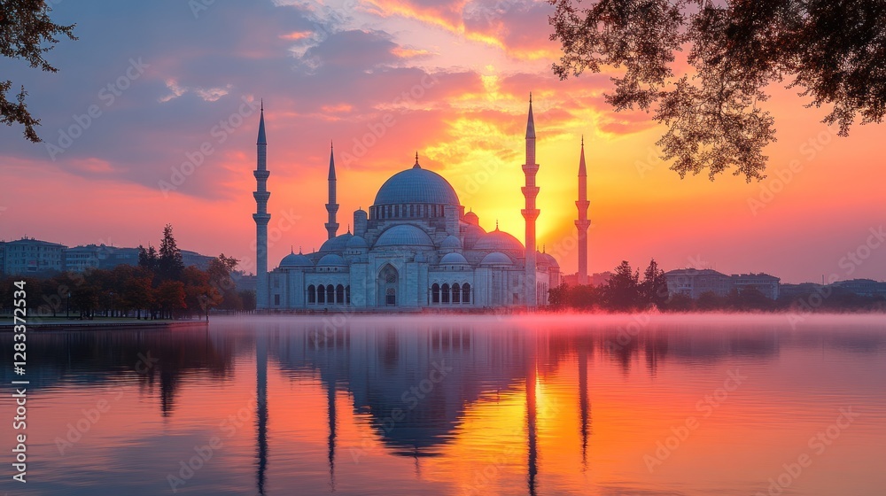 Naklejka premium Mosque Sunrise Reflection on Lake