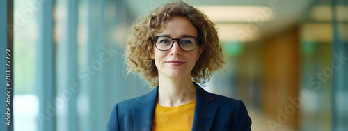 A confident and smiling woman in her late thirties, wearing glasses with dark curly hair

