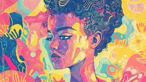 Abstract Illustration of a Young Woman with Vibrant Colors and Unique Patterns