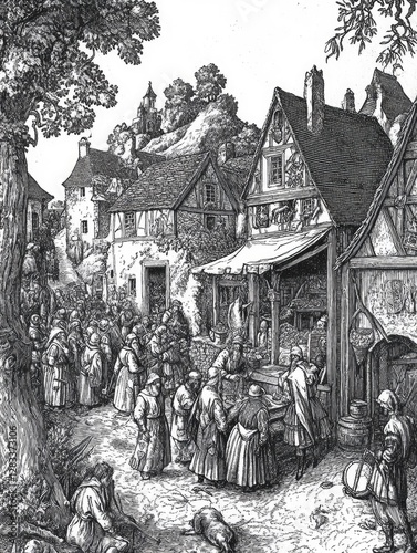 A medieval engraving illustrating a bustling village scene