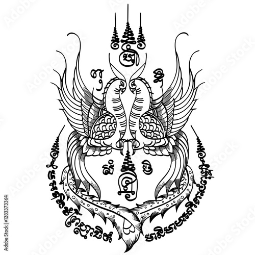 Thai Tattoo Twin birds, Twin Sarika Yantra, Thai text translation: eloquence, attraction, and smooth speech.