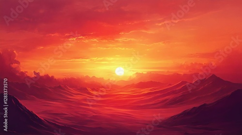 A breathtaking sunset over undulating mountains, with vivid orange and red hues illuminating the sky, creating a serene and captivating landscape.