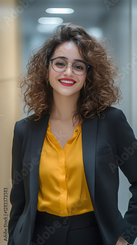 A confident and smiling woman in her late thirties, wearing glasses with dark curly hair
