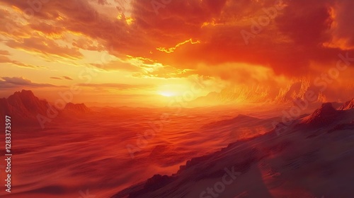 Stunning sunset over a desert landscape with dramatic red and orange hues, casting shadows on the sand dunes and rocky formations.
