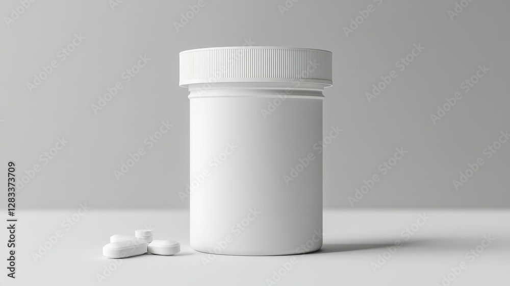 3d white plastic pill bottle. Supplement container package mockup. Medicine jar for capsule, drug, protein or aspirin with empty prescription label template and lid. Pharmaceutical pack mock up 3d white plastic pill bottle. Supplement container package mockup. Medicine jar for capsule, drug, protein or aspirin with empty prescription label template and lid. Pharmaceutical pack mock up