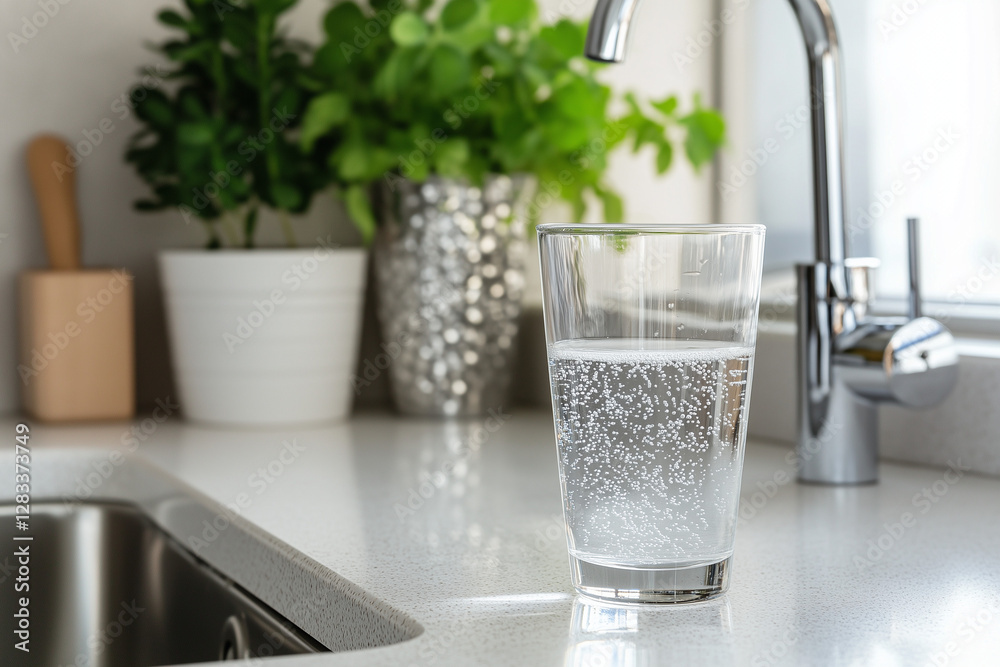 Minimalist Scene: A Glass of Water on a White Countertop with a Clean Aesthetic