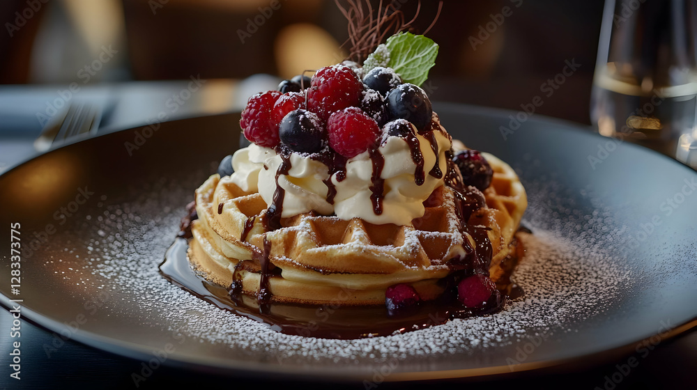 A delicious plate of waffles topped with berries, whipped cream, and chocolate sauce. A delicious plate of waffles topped with berries, whipped cream, and chocolate sauce.