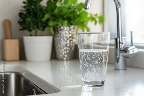 Obraz na płótnie Minimalist Scene: A Glass of Water on a White Countertop with a Clean Aesthetic w salonie