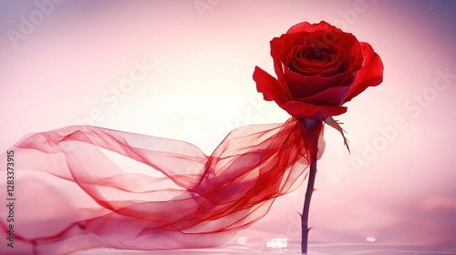 Fototapeta Naklejka Na Ścianę i Meble -    A lone red rose rests atop a table alongside a flowing piece of red organe