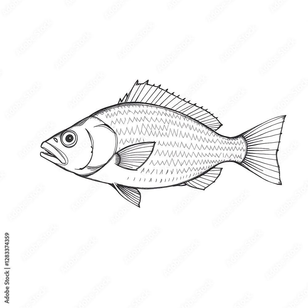 Fototapeta premium Elegant Line Art Illustration of a Fish in Timeless Scratchboard Style, Generative AI Raster Art on White Background