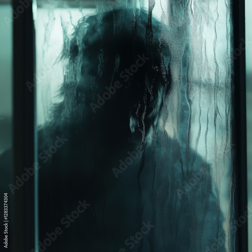Paranoia, shadowy figures lurking behind frosted glass, eerie lighting, unsettling tension, psychological horror aesthetic, ultra-HD 8K hyper-realism 