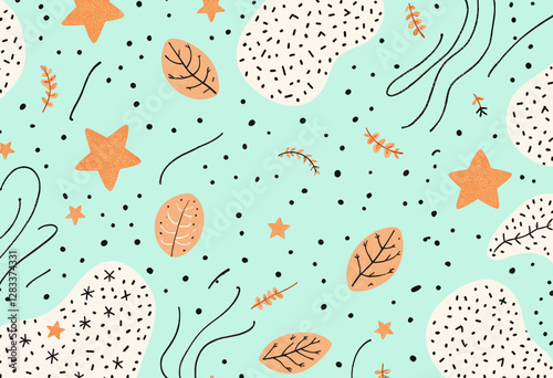 a light blue background with scattered orange and white stars, leaves, and lines in various sizes and orientations.